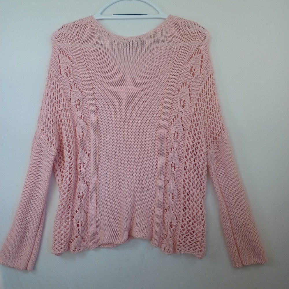 Wooden Ships Pink V Neck Crochet Knit Sweater M L Cotton Acrylic - Picture 3 of 8